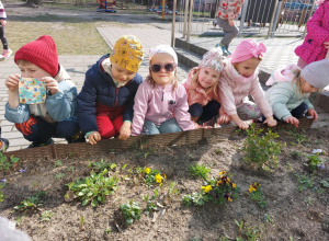 Zdjęcie przedstawia dzieci przy przedszkolnej rabacie