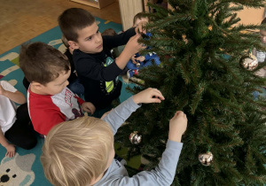 Makar, Nikodem i Viktor ubierają choinkę