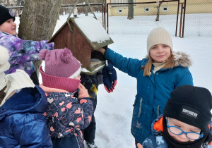 Marysia umieszcza pokarm dla ptaków w karmniku